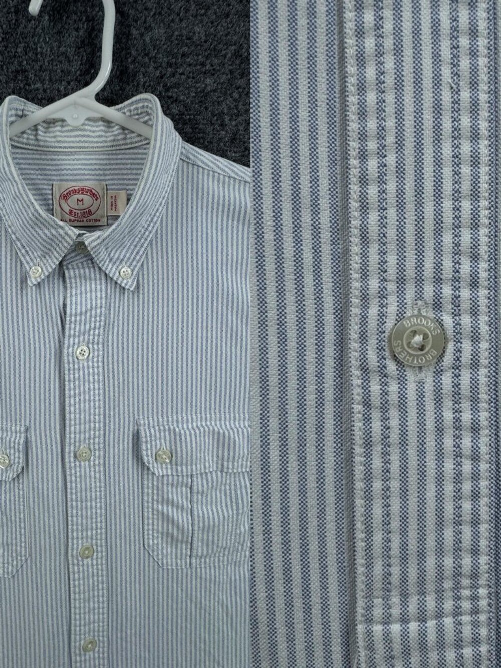Brooks Brothers 2-Pocket Oxford OCBD Cotton Blue Men White Button-Down Striped